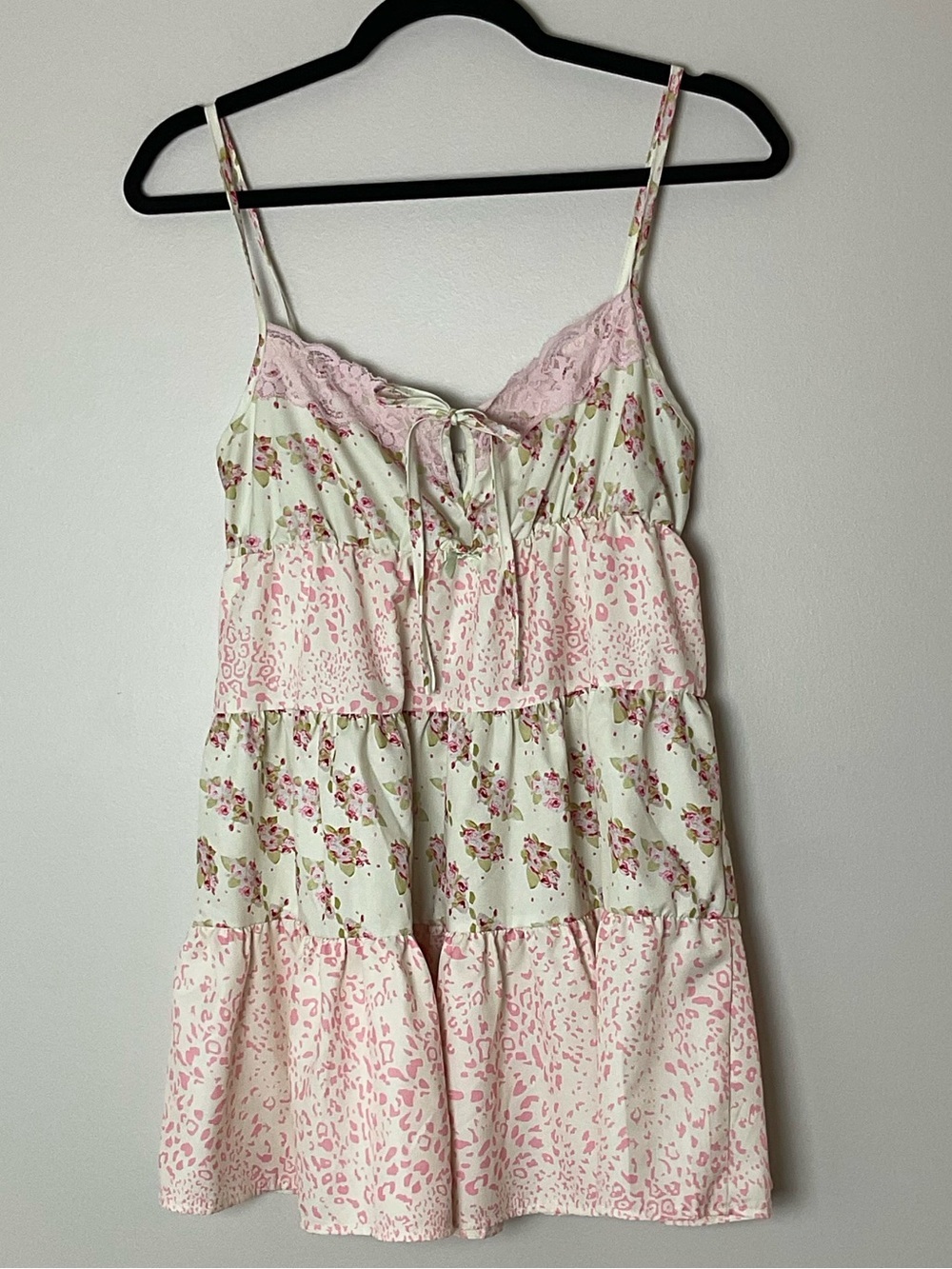Pink Floral Mini Cami Dress Lace Trim Baby Doll Feminine Festival Western Small
